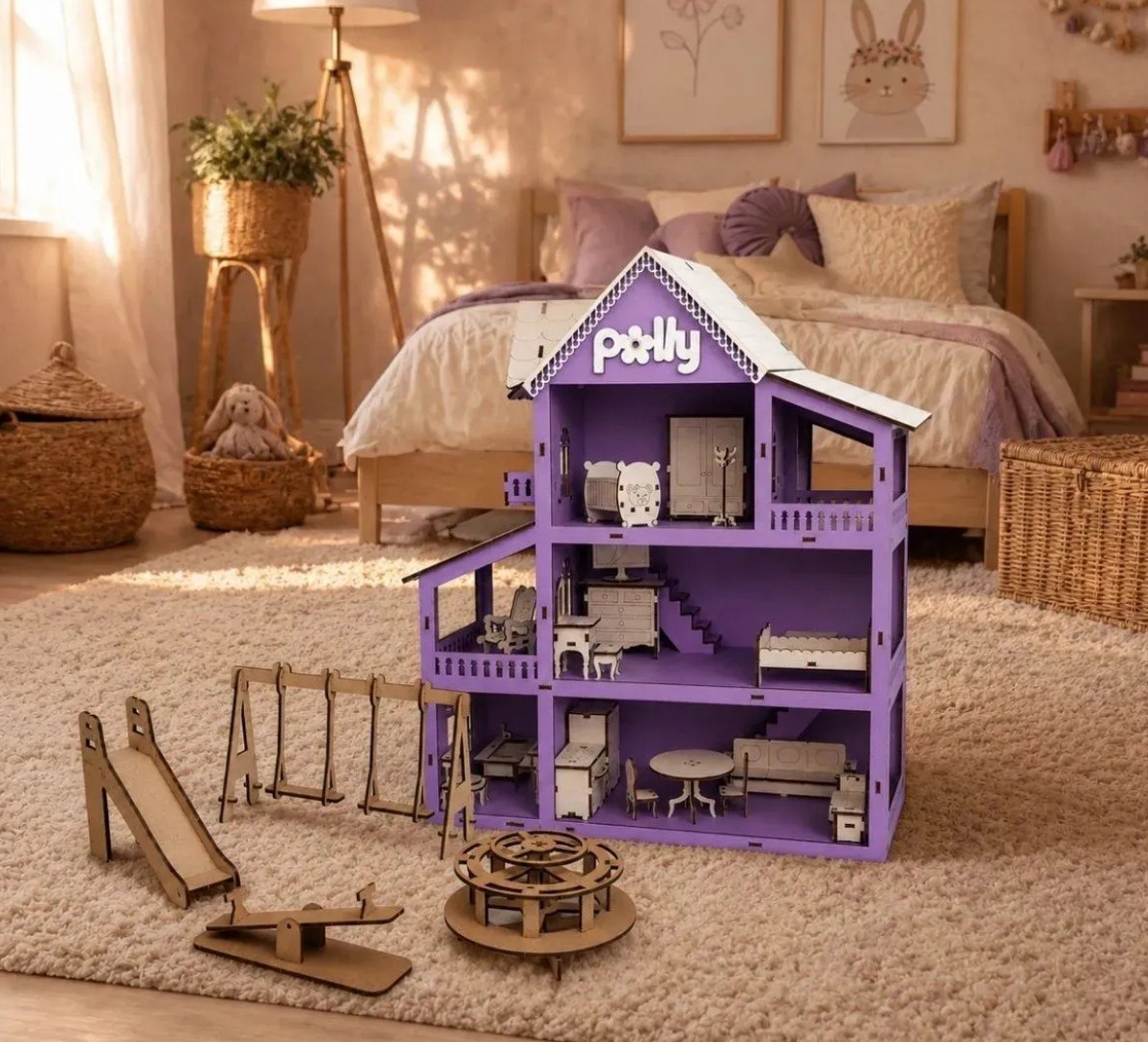 🏠 Casinha de Boneca com 19 Móveis e com Parquinho Lilás