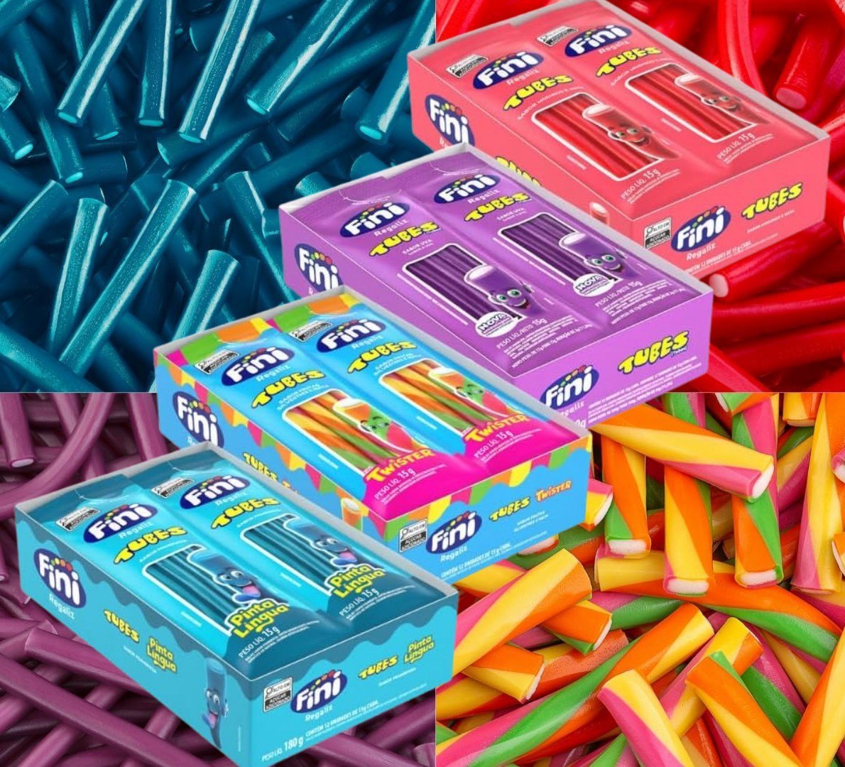 🍬 Fini Tubes Balas de Goma Sortidas (5 Caixas com 12 Pacotes de 15g)