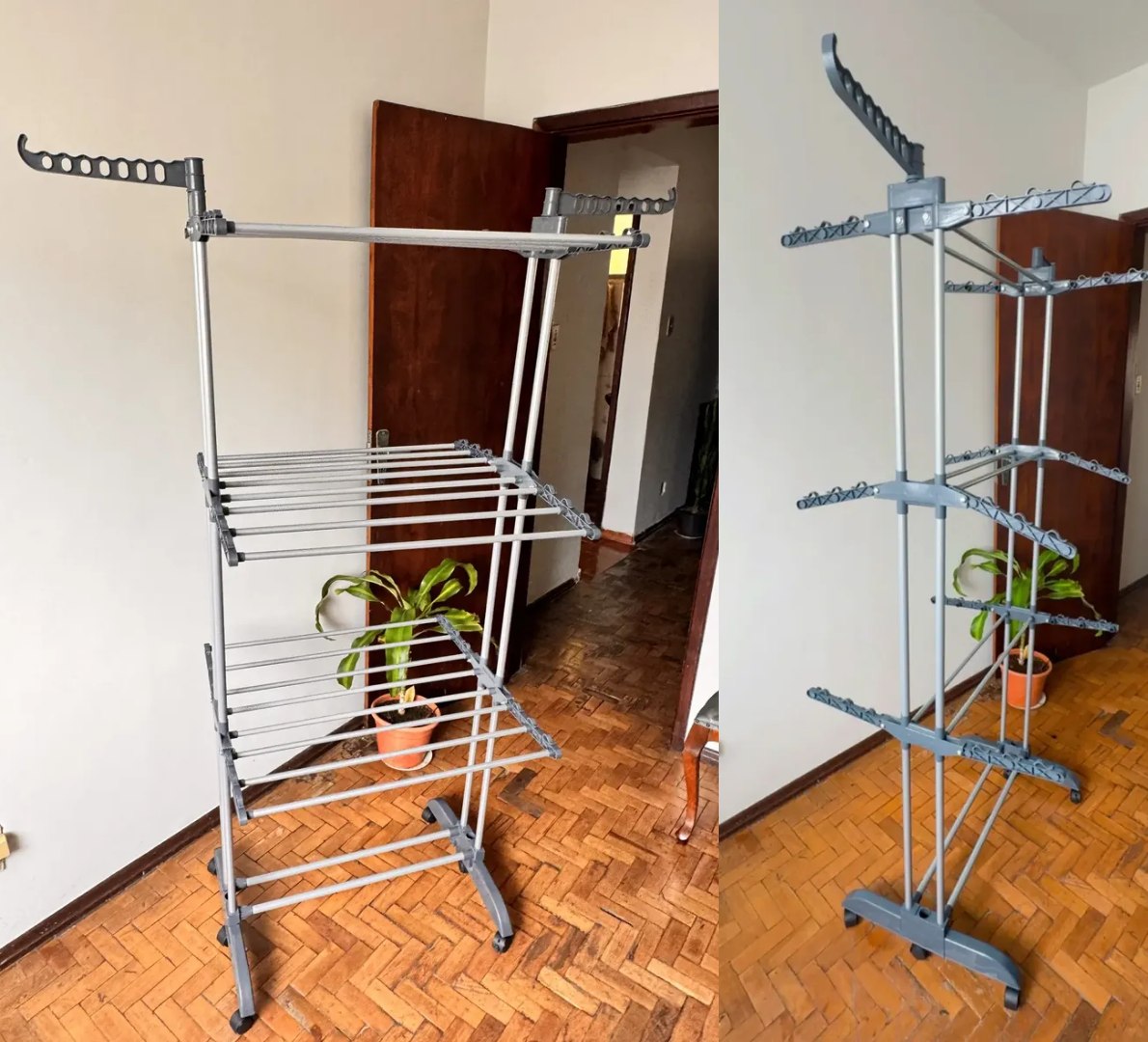 ✅ Varal de Chão Aço Inox com 3 Andares, 2 Hastes e 4 Rodas Dobrável