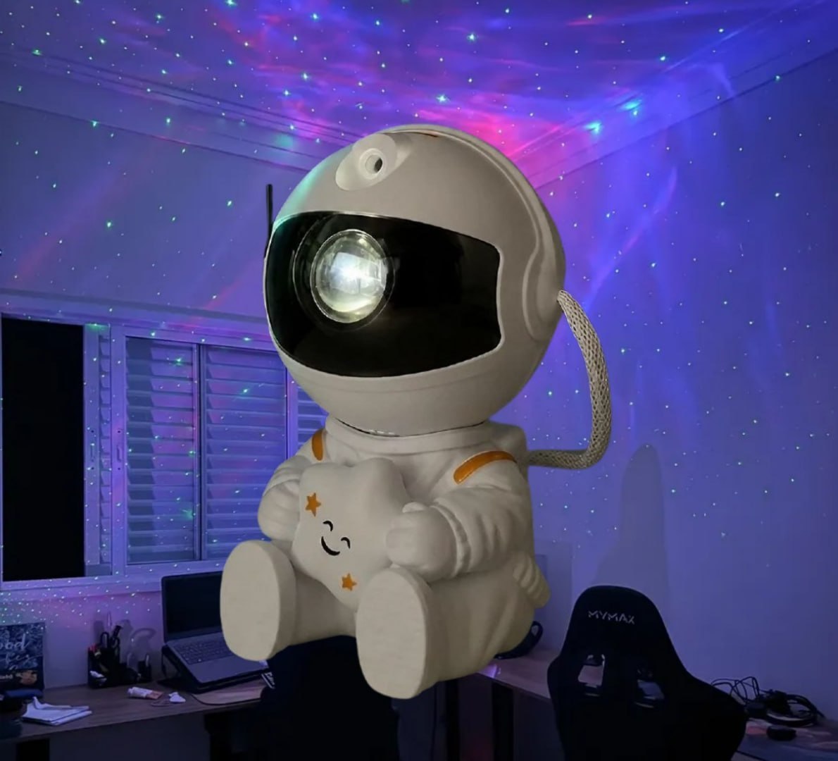 🌙 Astronauta para Quarto com Luz Nebulosa e Galáxia