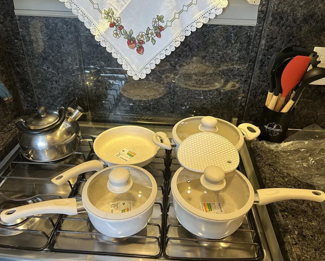 🍳 Jogo de Panelas Cerâmica Antiaderente 5pçs Silicone (3 Cores)