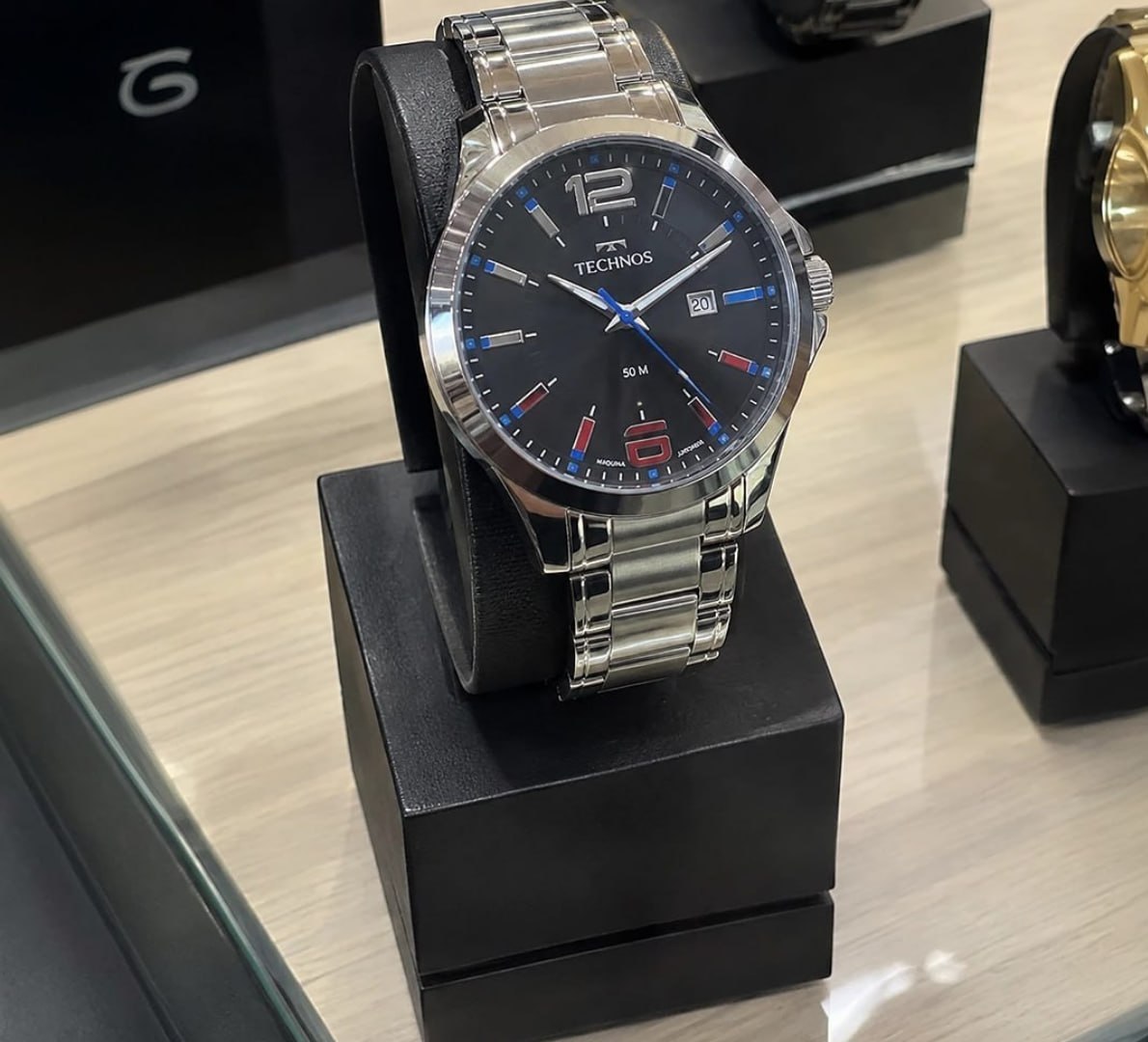 ⌚️ Relógio Technos Fundo Preto e Azul Prova D´Agua
