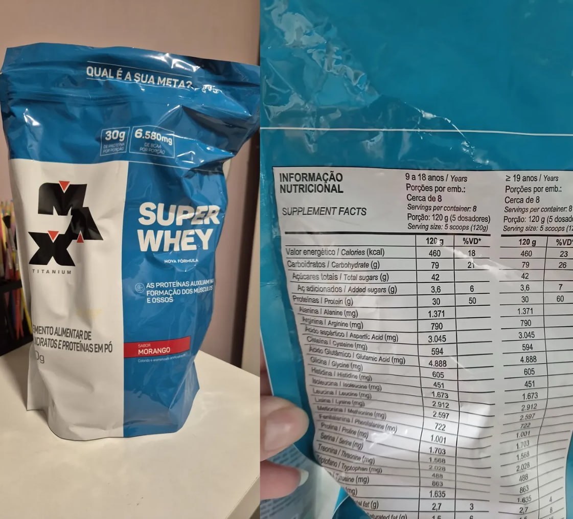 💪 Super Whey Protein Refil 900g Max Titanium Sabor Morango