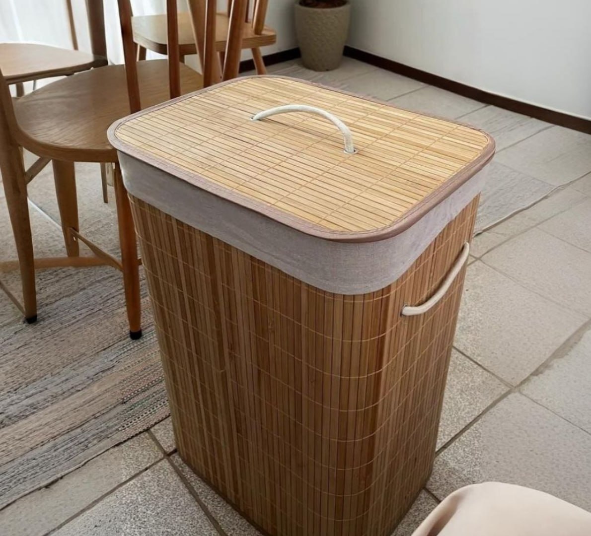 🧺 Cesto De Roupa Bambu 72L Com Tampa E Forro