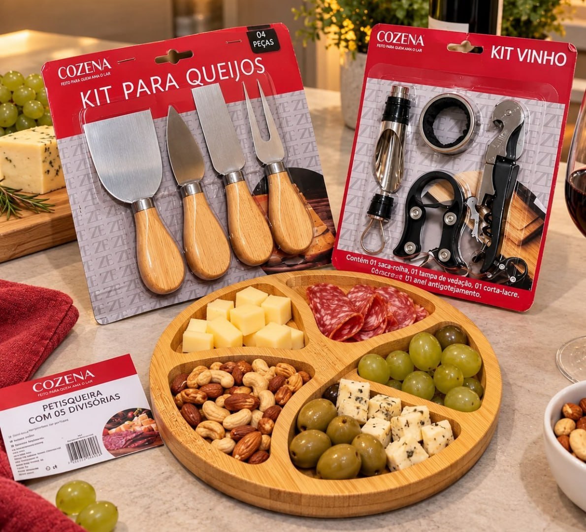 ✅ Kit Vinho 4 Peças + 4 Facas P Queijo + Petisqueira Presente