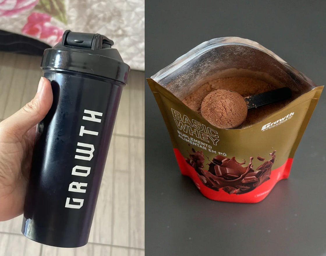 💪 Kit Growth: Whey Protein Basic Chocolate 1kg + Coqueteleira Shaker Academia Preta 600ml