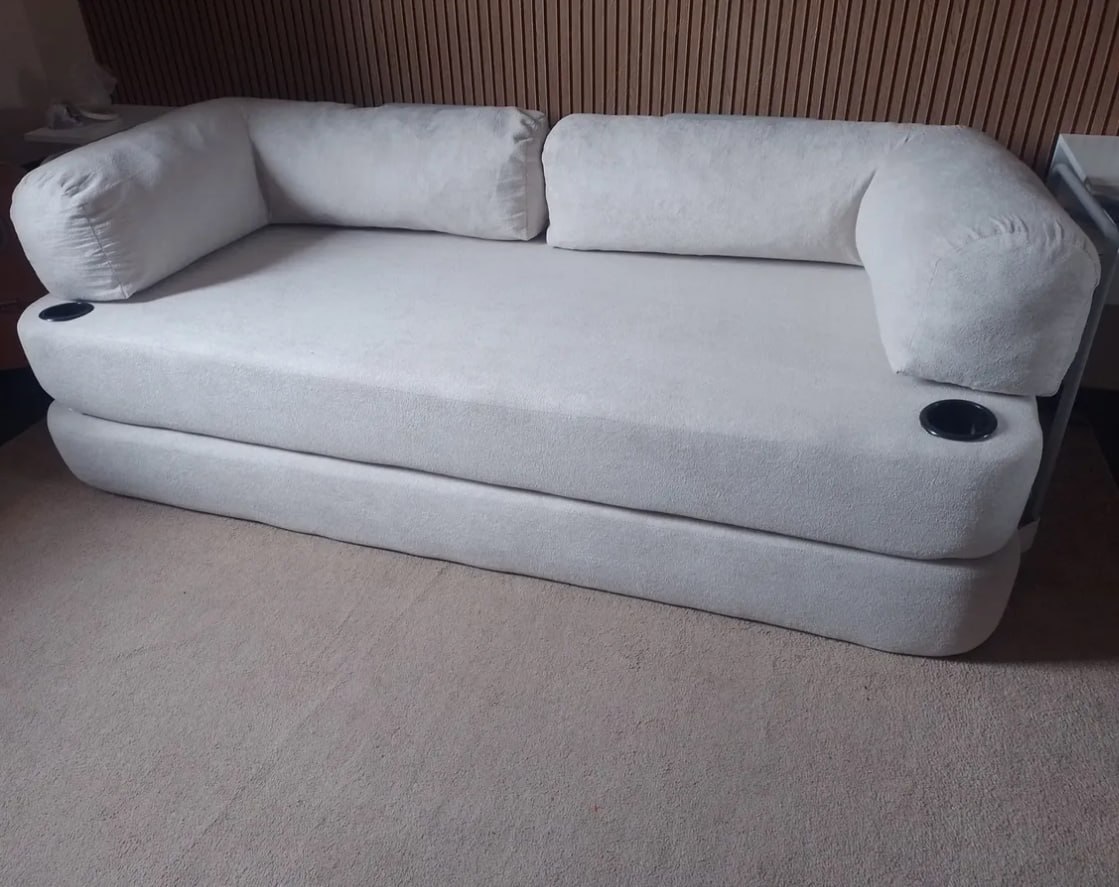 ✅ Sofá Cama Orbe. 1,90m Xpand Tech Tecido Boucle Cama Inbox (Cinza ou Bege)