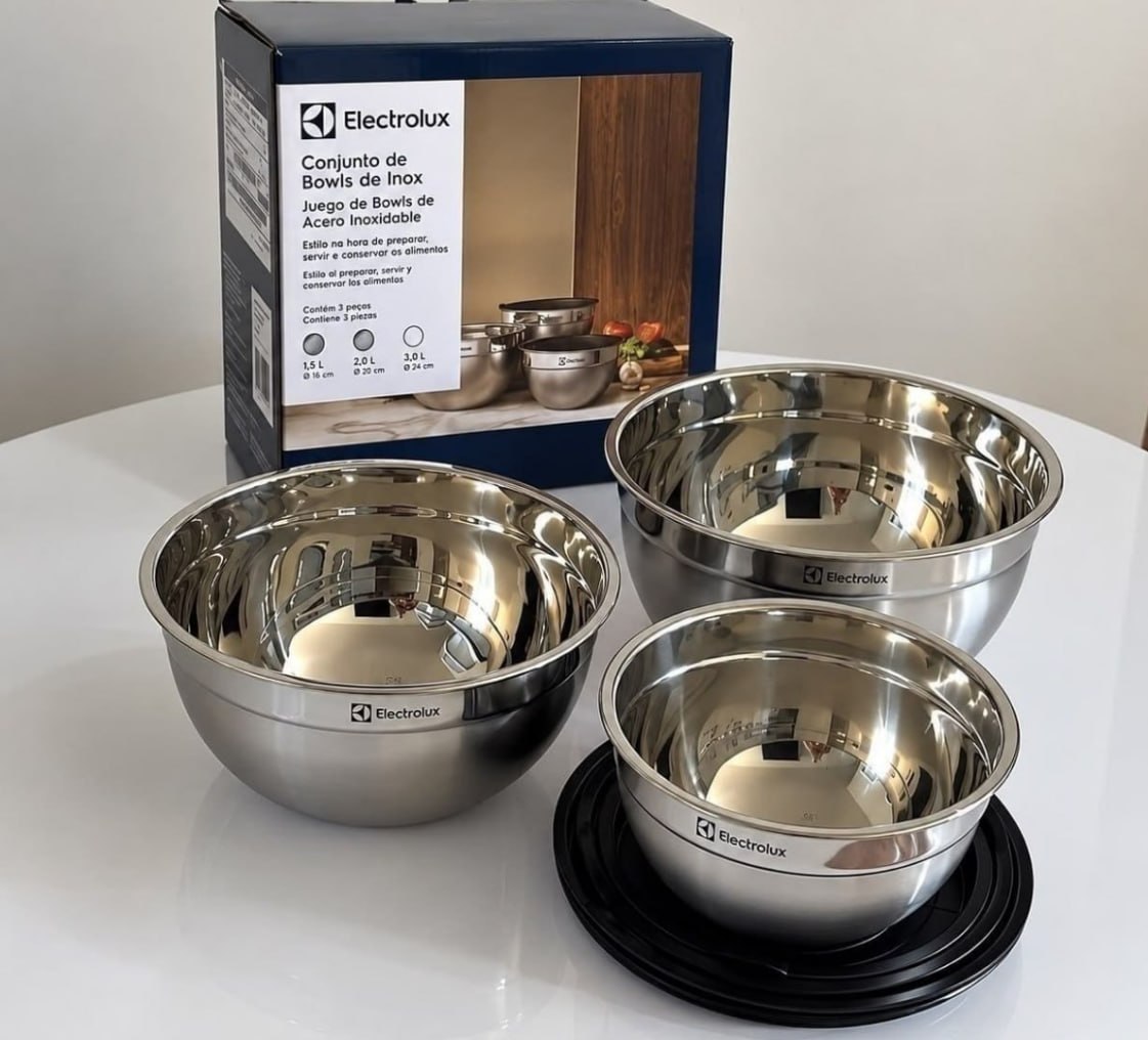 🍲 Conjunto Bowls de Inox Electrolux c/ Tampa Plástica 3 Pçs