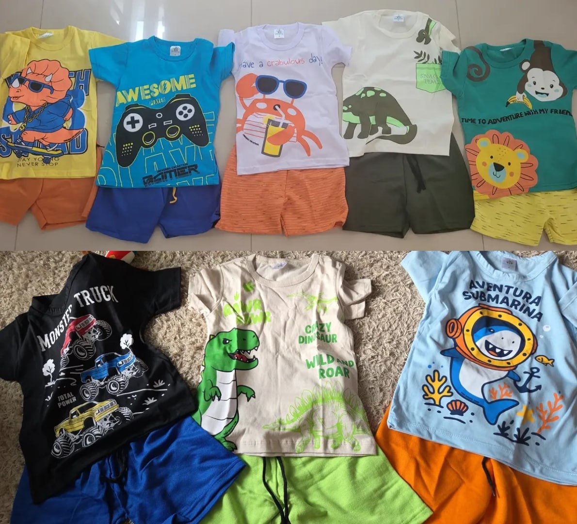👦 Kit Infantil Conjunto 5 Shorts + 5 Camisetas