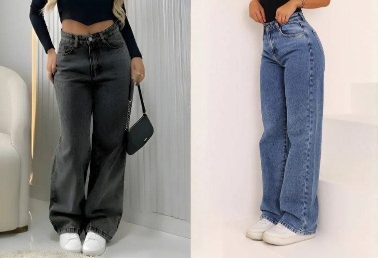 👖 Calça Jeans Wide Leg Cintura Alta Pantalona