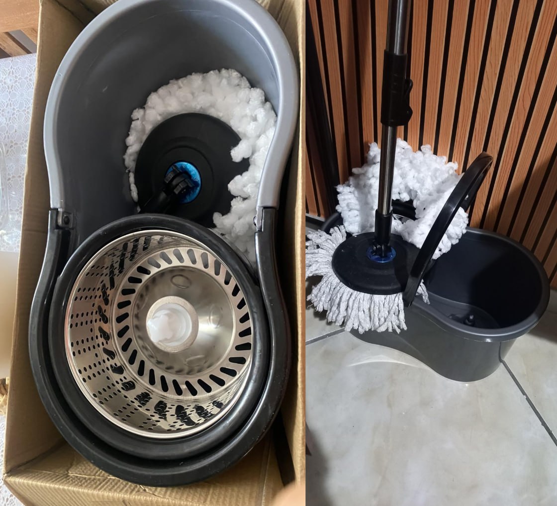 ✅ Mop com Balde Giratório Cesto em Inox 9 Litros com 2 Refis de Microfibra