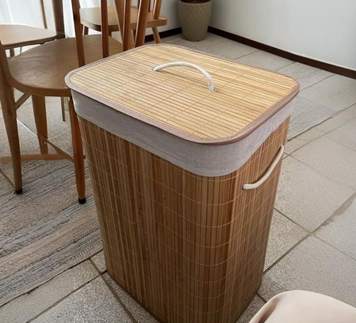 🧺 Cesto De Roupa Bambu 72L Com Tampa E Forro
