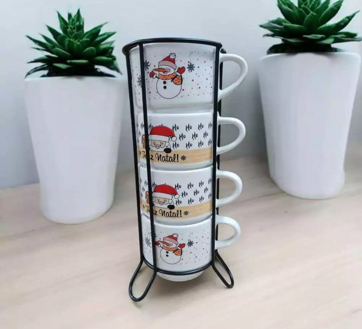🍵 Jogo De 4 Xicaras Porcelana Feliz Natal Com Suporte de Metal