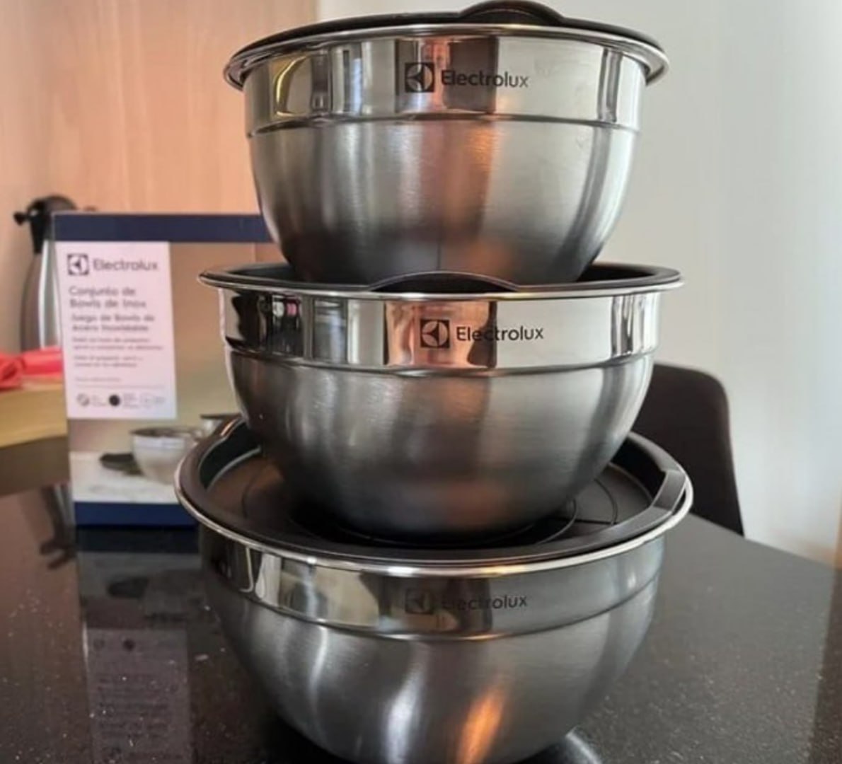 ✅ Conjunto 3 Bowls Inox C/ Tampa Plástica Electrolux