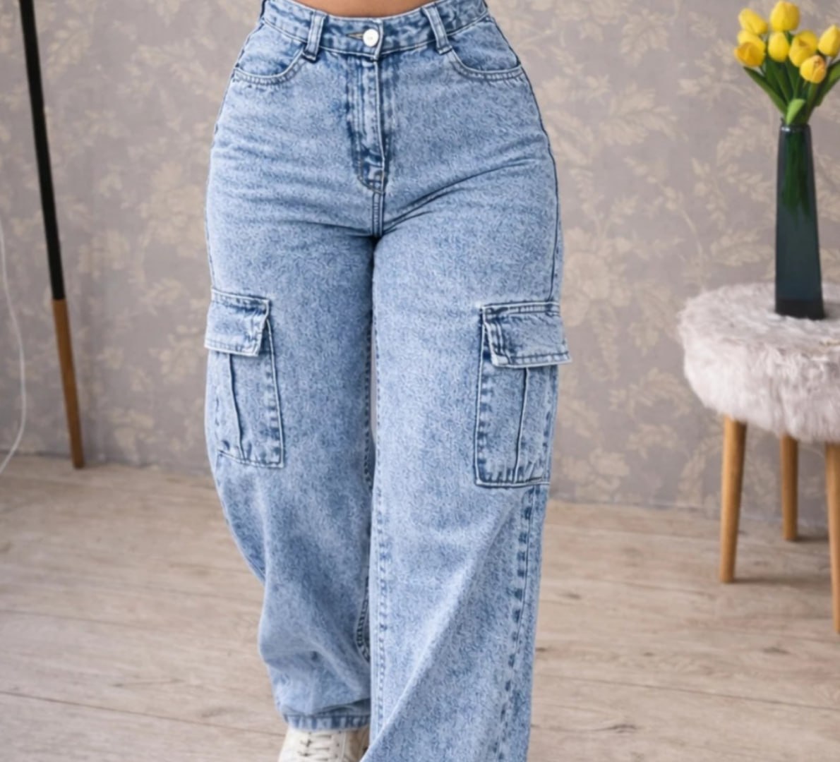 👖 Calça Wide Leg Jeans Cargo Cintura Alta Sem Lycra