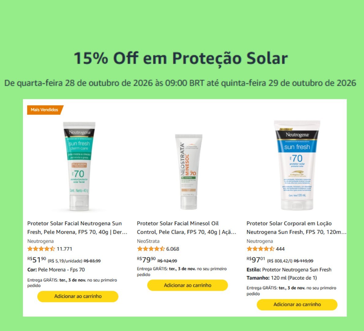 ➡️ Protetores solares Neutrogena, Minesol e Sundown