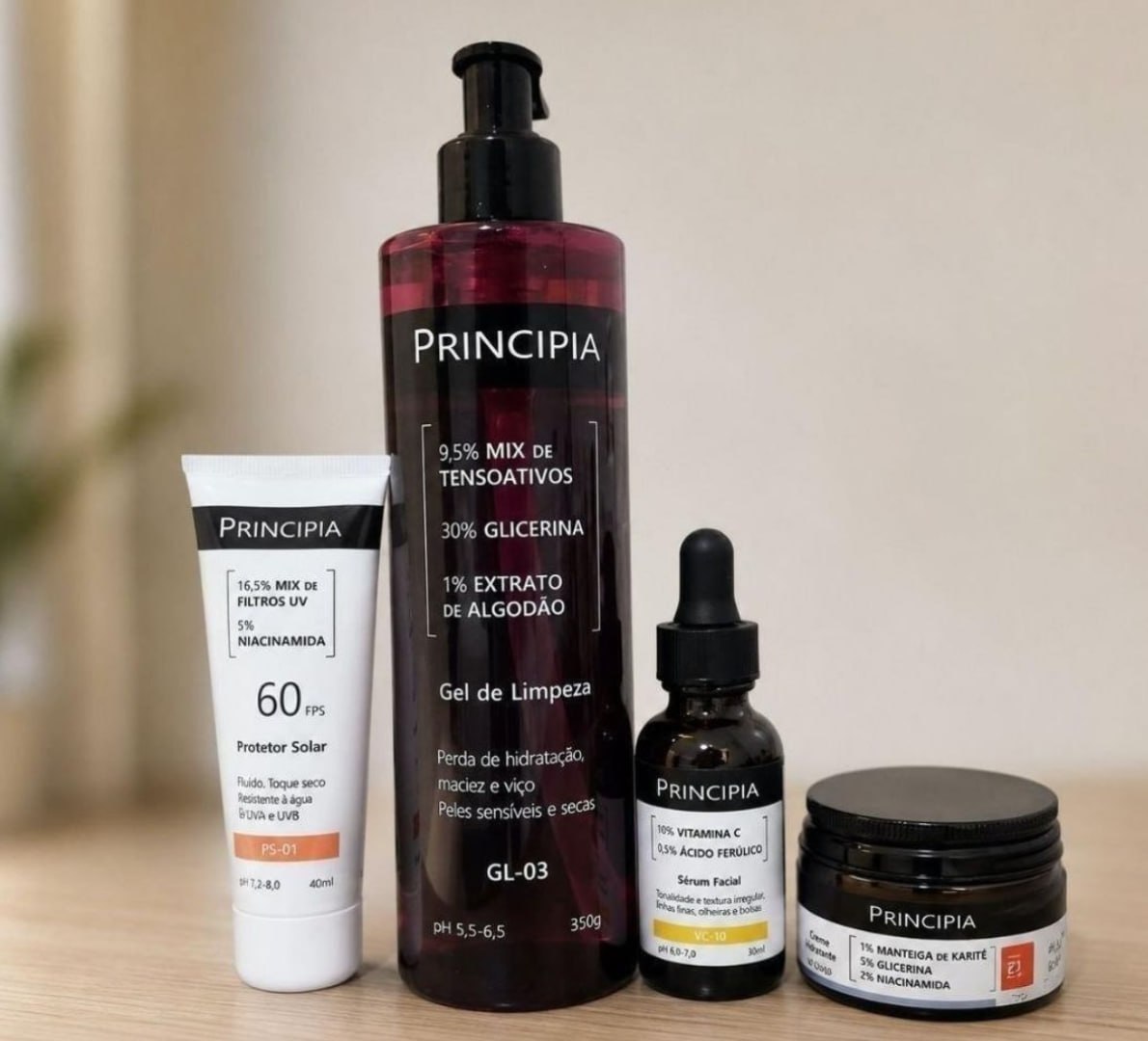 🧴 Kit Essencial Principia (Gel de Limpeza + Hidratante CH-01 + Vitamina C + Protetor Solar)