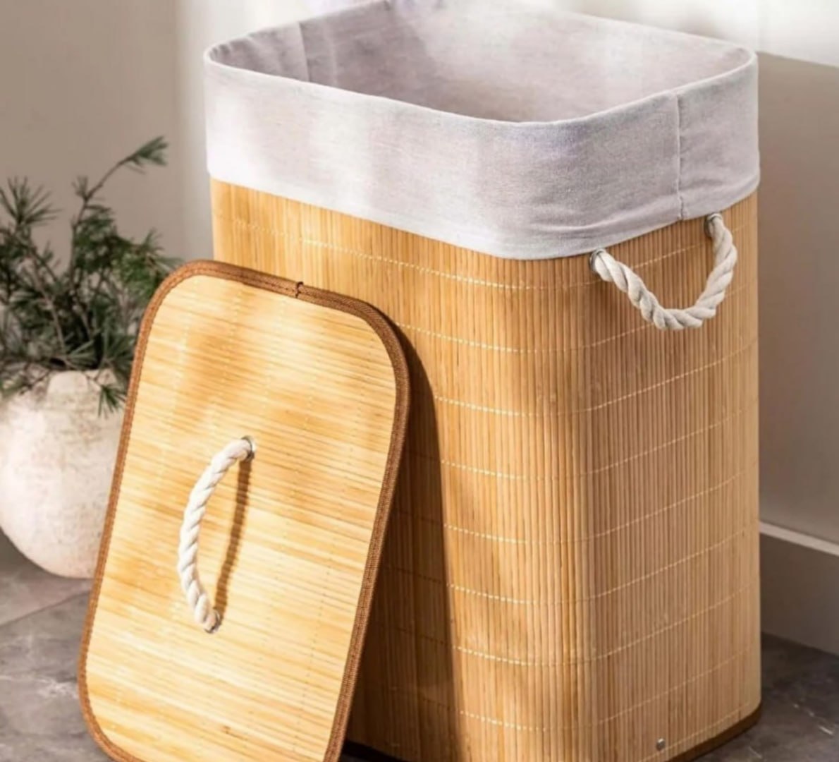 ✅ Cesto de Bambu 60L Com Tampa Alça E Forro