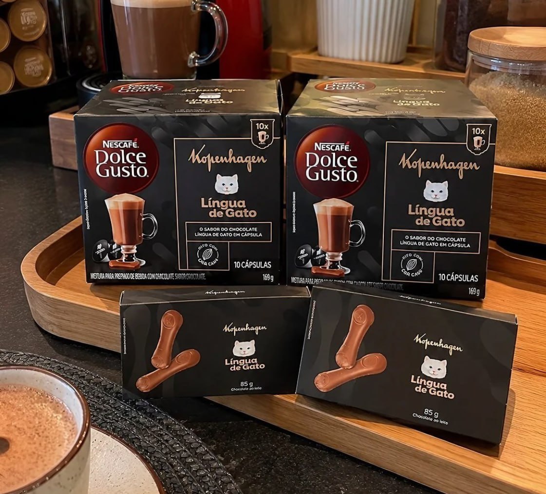 ☕️🍫 Kit Kopenhagen Dolce Gusto — 2 Pack Cápsula Língua de Gato e 2 Barras de 85g