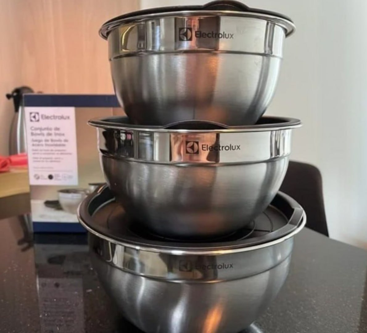 ✅ Conjunto 3 Bowls Inox C/ Tampa Plástica Electrolux