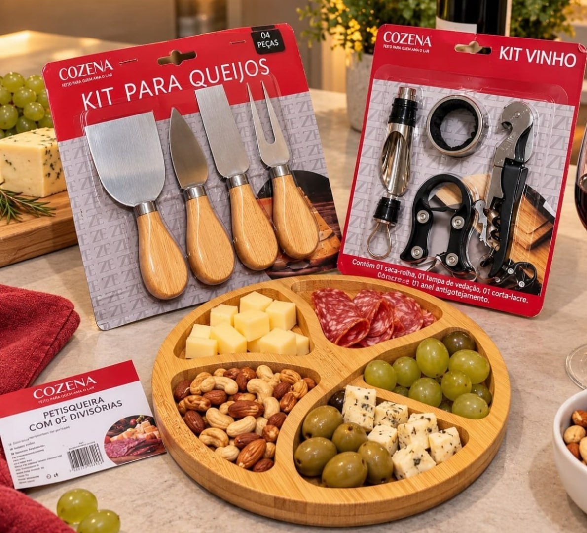 ✅ Kit Vinho 4 Peças + 4 Facas P Queijo + Petisqueira Presente